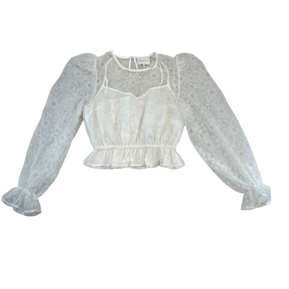 MABLE Blouse Womens L White Beaded Romantic Puff Sleeve Peplum‎ Boho Feminine